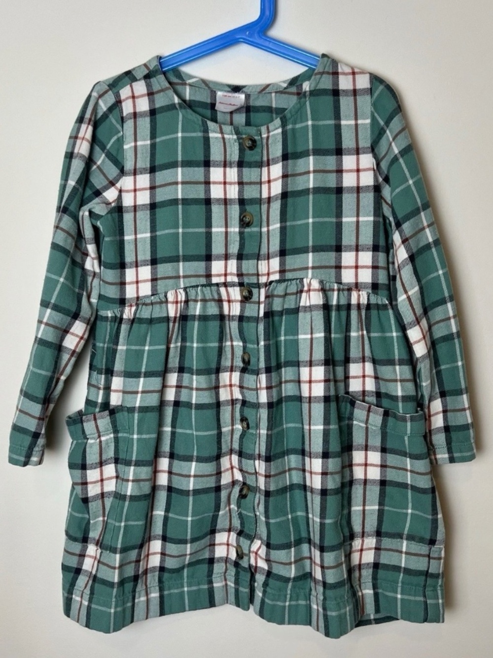 Hanna Andersson Flannel Plaid Button-Front Pocket Dress Green Size 120 (6-7)